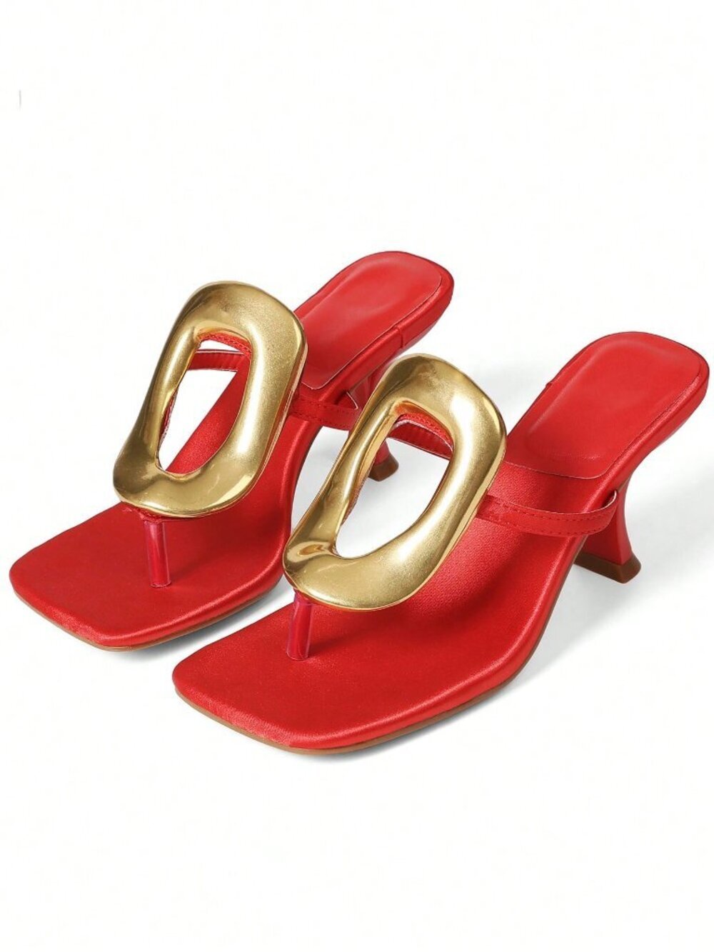 Red Elegant Metallic Women's Kitten Heel Square Toe Flip Flop Sandals - Picture 5 of 5